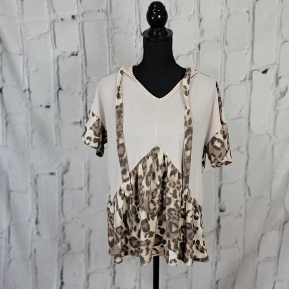 HOODED Empire Waist Waffle Knit Brown Leopard Print Casual Flowy Blouse Sz Large - Picture 1 of 8